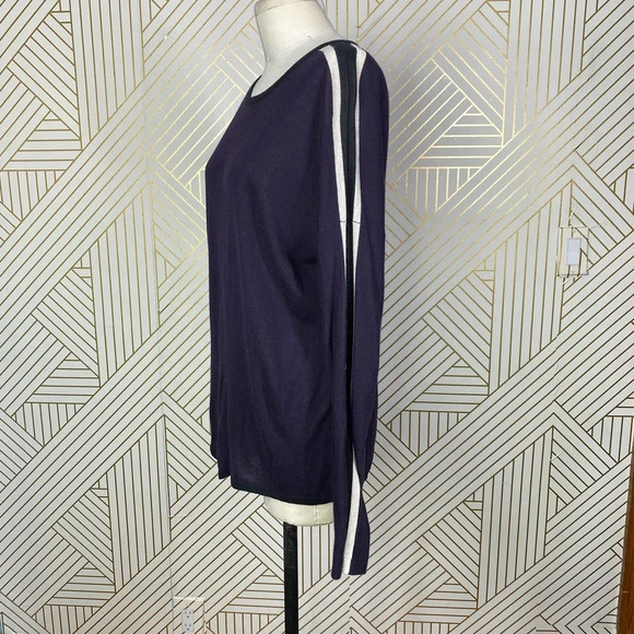 Kokun Back Slit Pop‎ Stripe Crew Neck Bamboo Cashmere Sweater Purple Size Large - Picture 6 of 12